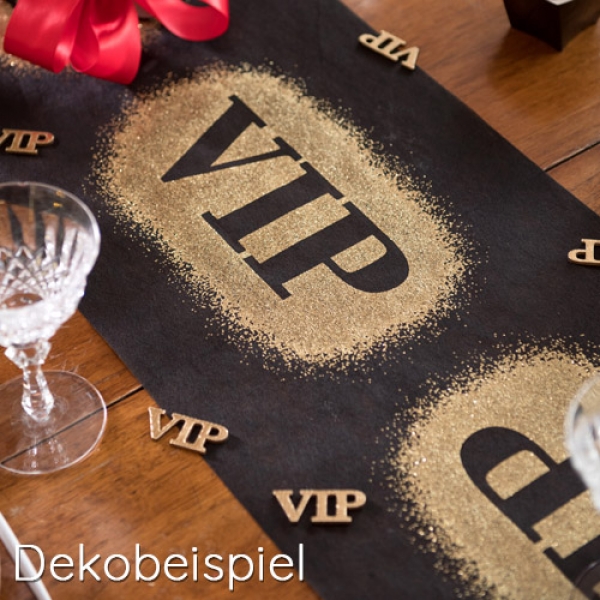 3 Meter Vlies Tischläufer -VIP- Very Important Party in Schwarz/Gold, 30 cm, Dekobeispiel.