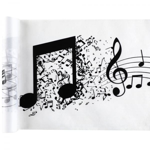 5 Meter Vlies Tischläufer Noten, Musik in Weiß/Schwarz, 30 cm breit.