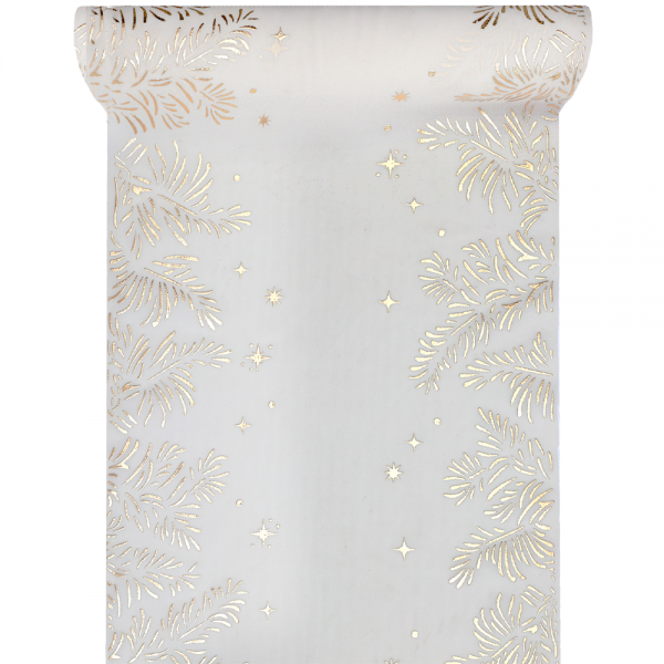 2,5 Meter Tischläufer hauchdünn, Weihnachten, Zweige in Creme/Gold, 27 cm.