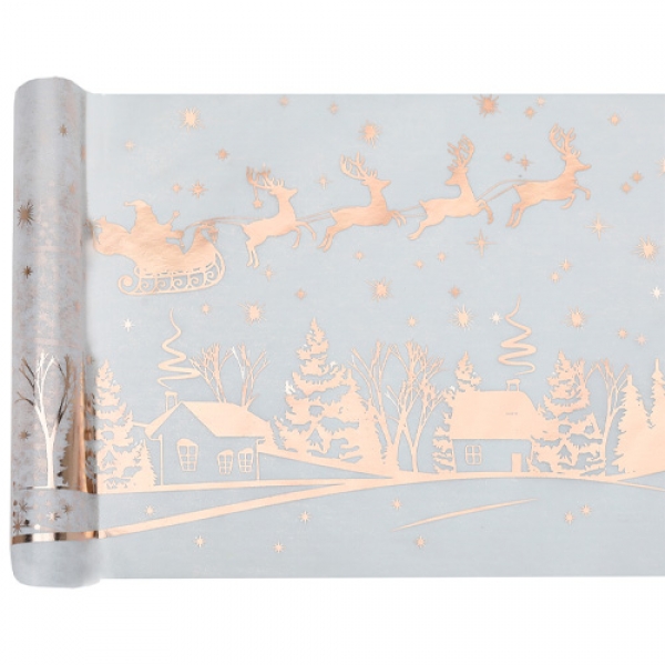 5 Meter Vlies Tischläufer Weihnachten, Fliegender Rentierschlitten in Weiß/Rosé-Gold, 30 cm.
