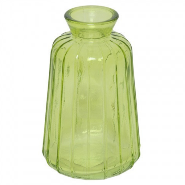 Glas Flaschen Väschen, konisch mit Streifen in Hellgrün, 11 cm.