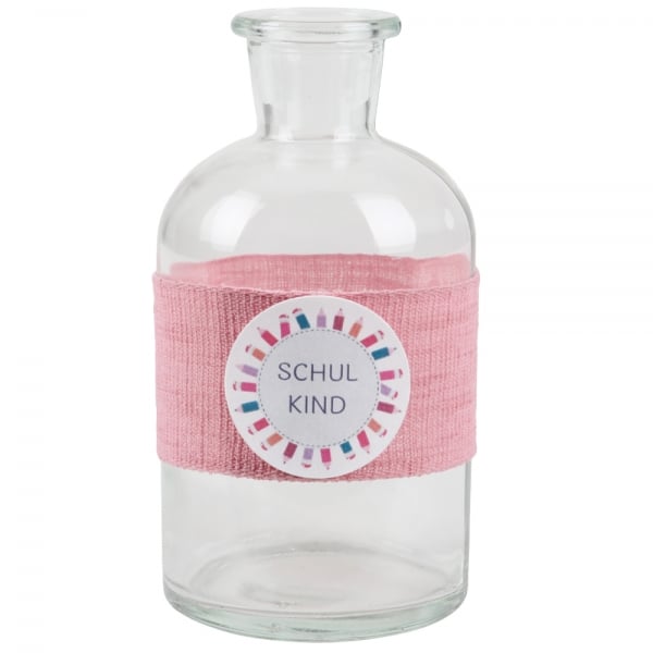 Glas Flaschen Väschen Einschulung in Rosa, Schriftzug in Flieder.