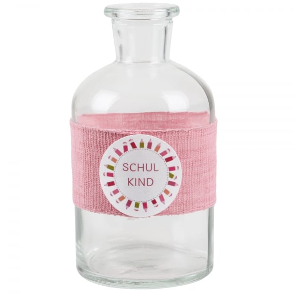 Glas Flaschen Väschen Einschulung in Rosa, Schriftzug in Pink.