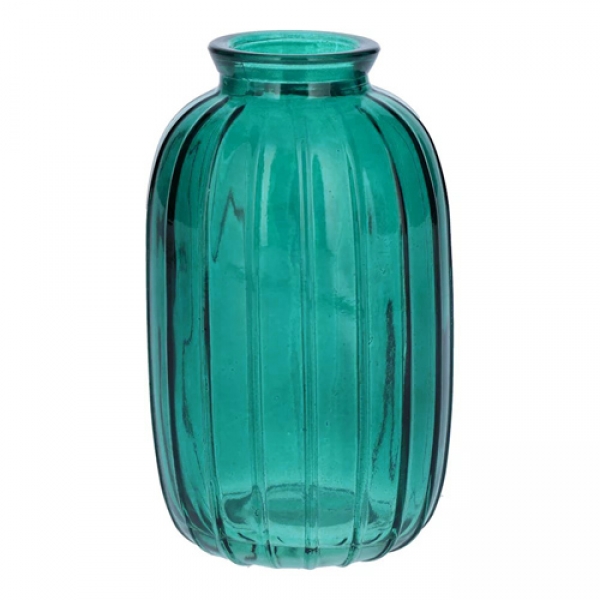 Glas Flaschen Väschen, oval mit Streifen in Smaragdgrün, 12 cm.