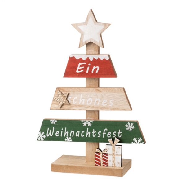 Holz Weihnachtsbaum auf Stand - Ein schönes Weihnachtsfest - mit Geschenken, 26 cm.