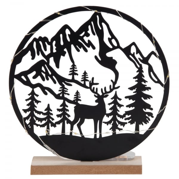 Metall Berglandschaft mit Hirsch und LED Beleuchtung, in Schwarz, 21 cm.
