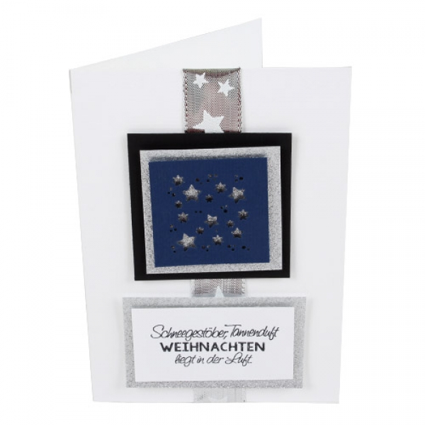 Grußkarte, Weihnachtskarte Sterne in Blau/Silber glitzernd.