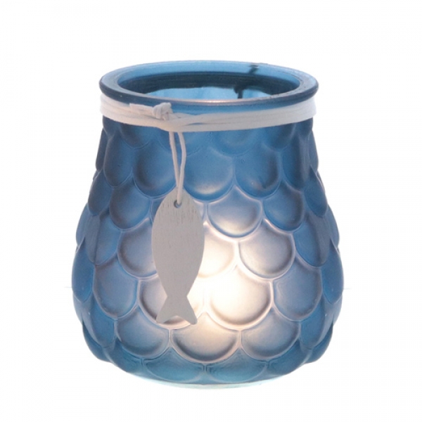 Glas Windlicht Maritim, Schuppenmuster mit Holz Fischanhänger in Dunkelblau, 11 cm.