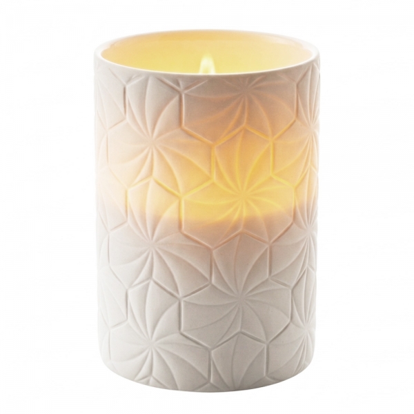 Kerze im Porzellan Windlicht, Muster: Modern in Weiß, 10 cm, 35 h Brenndauer.