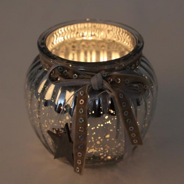 Glas Windlicht, Weihnachten mit Holz Stern in Silber verspiegelt, 10,5 cm.