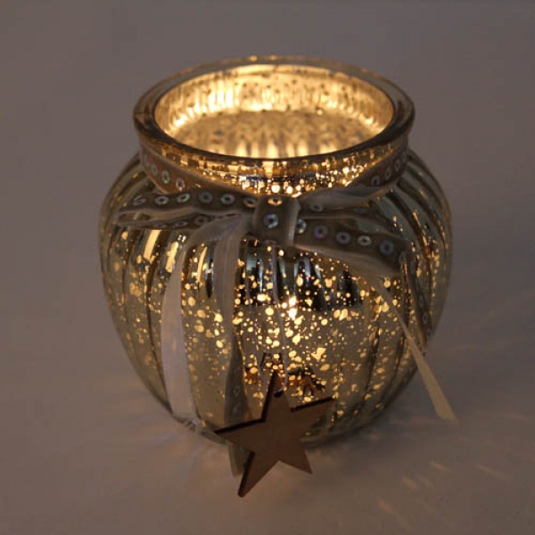 Glas Windlicht, Weihnachten mit Holz Stern in Gold verspiegelt, 10,5 cm mit Kerzenschein.