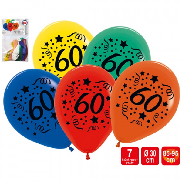 5er Pack Zahlenluftballons 60, Geburtstag, Jubiläum, bunt.
