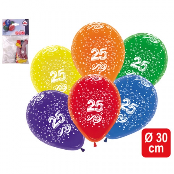 5er Pack Zahlenluftballons 25, Geburtstag, Jubiläum, bunt.