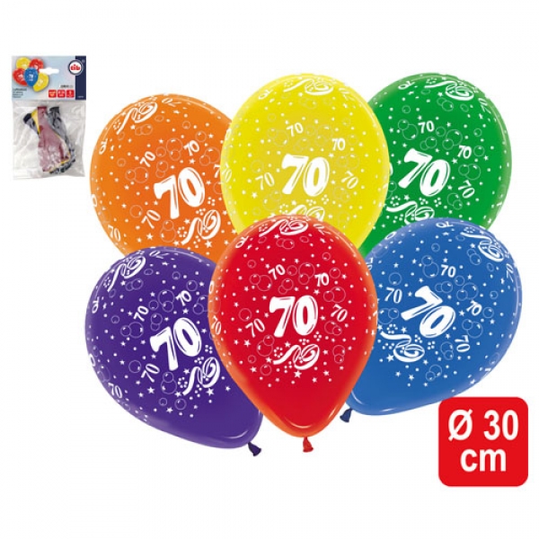 5er Pack Zahlenluftballons 70, Geburtstag, Jubiläum, bunt.