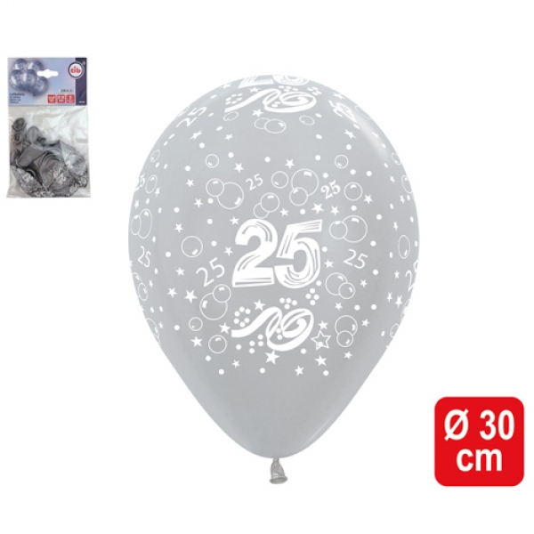 5er Pack Zahlenluftballons 25, Geburtstag, Silberne Hochzeit, Jubiläum, in Silber.
