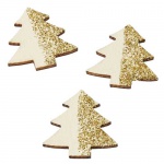 6 Holz Streudeko Tannenbäume in Creme/Gold Glitzer, mit Klebepunkt