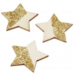 6 Holz Streudeko Sterne in Creme/Gold Glitzer, mit Klebepunkt