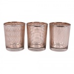 3er Set Teelichtgläser Linien verspiegelt in Silber-Roségold, 65 mm