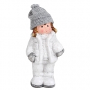 Deko Winter Mädchen mit Strickmütze und Schneeball in Weiß/Grau glitzernd, 12 cm