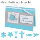 Einladungskarte Kommunion in Mintblau/Grau mit 6 Motiven zur Auswahl