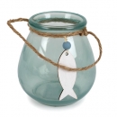 Glas Windlicht Maritim mit Holz Fischanhänger, in Hellblau, 11 cm