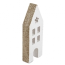 Kleine Holz Haus Silhouette mit Glitzerkante in Weiß/Gold, 14 cm