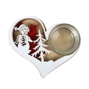 Holz Herz Winter in Weiß/Rot mit Teelichtglas klar, 12,8 cm