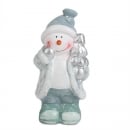 Keramik Schneemann in Grau/Mintgrün mit Tannenbaum in Silber, 12 cm
