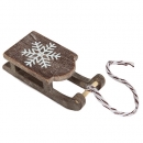 Kleiner Deko Holz Schlitten mit Eiskristallmotiv in Braun/Weiß, 73 mm