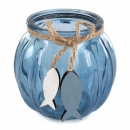 Glas Windlicht mit Holz Fischanhänger, in Dunkelblau, 11 cm