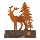Metall Hirsch und Tannen auf Baumstamm, naturgerostet, 14,5 cm