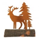 Metall Hirsch und Tannen auf Baumstamm, naturgerostet, 14,5 cm