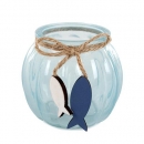 Teelichtglas mit Holz Fischanhänger, in Hellblau, 75 mm