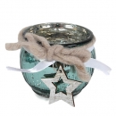 Teelichtglas Weihnachten mit Filzkordel und Holzstern, in Mintgrün, 58 mm