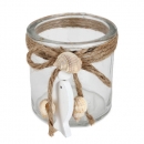 Teelichtglas, Windlicht mit Holzfisch, Muscheln und Sisalkordel, klar, 80 mm