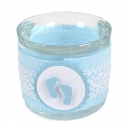 Teelichtglas Vintage Taufe, Babyfüßchen mit Band in Hellblau, 65 mm