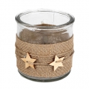Glas Windlicht, Weihnachten mit Juteband, Sisalschnur, Holzsternen, 80 mm