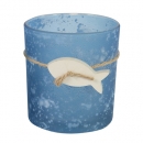 Teelichtglas, Windlicht mit Holz Fisch in Dunkelblau, satiniert, 80 mm
