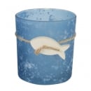 Teelichtglas, Windlicht mit Holz Fisch in Dunkelblau, satiniert, 80 mm