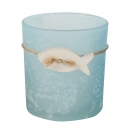 Teelichtglas, Windlicht mit Holz Fisch in Hellblau, satiniert, 80 mm