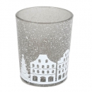 Teelichtglas Weihnachtsdorf mit Schnee in Weiß/Rauchgrau, 67 mm