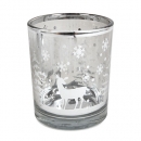 Teelichtglas Weihnachten, Winterwald in Silber verspiegelt, 73 mm