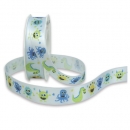 Satin Tischband Fantasy, lustige Monster in Hellblau, 25 mm