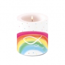Tischkerze Kommunion, Taufe, Regenbogen Fisch, bunt, 90 mm