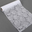 5 Meter Tischläufer Hochzeit, Rosen in Weiß, beflockt, 30 cm