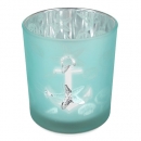 Glas Windlicht Maritim, Muscheln, Anker in Mint satiniert, Silber verspiegelt, 90 mm