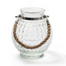 Glas Vase, Windlicht rund mit Sisaltau und Punkten, 17 cm
