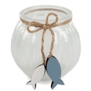 Glas Windlicht mit Holz Fischanhänger, in Weiß, 11 cm