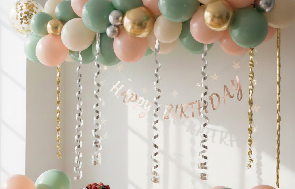 Festliche Geburtstagsdeko: Pastell-Ballongirlande in Salbeigrün, Altrosa und Creme vor einem roségoldenen Happy Birthday-Schriftzug.
