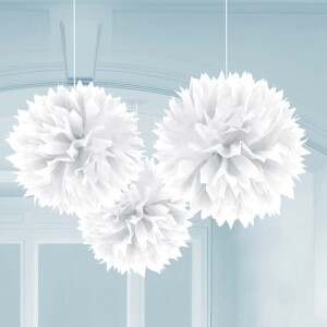 3 Pompons zur Raumdeko in Weiß, 40 cm